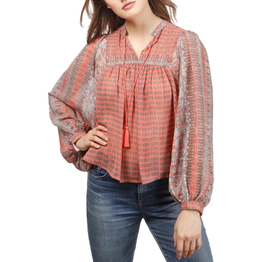 Lucky Brand NEW Border Print Peasant Top Coral Bishop Sleeve Loose Fit Tassel